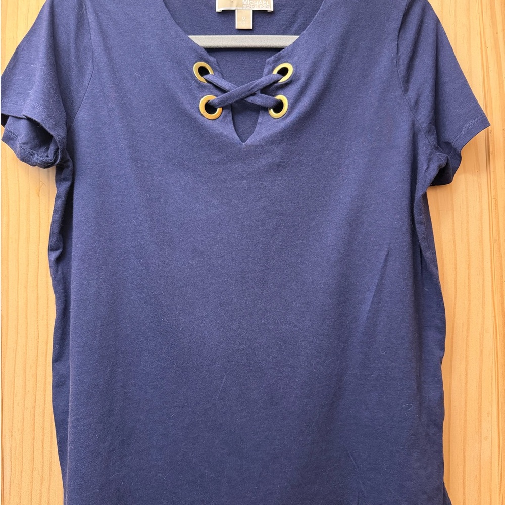 Michael Kors Navy Short-Sleeve Lace-Up V-Neck Top
